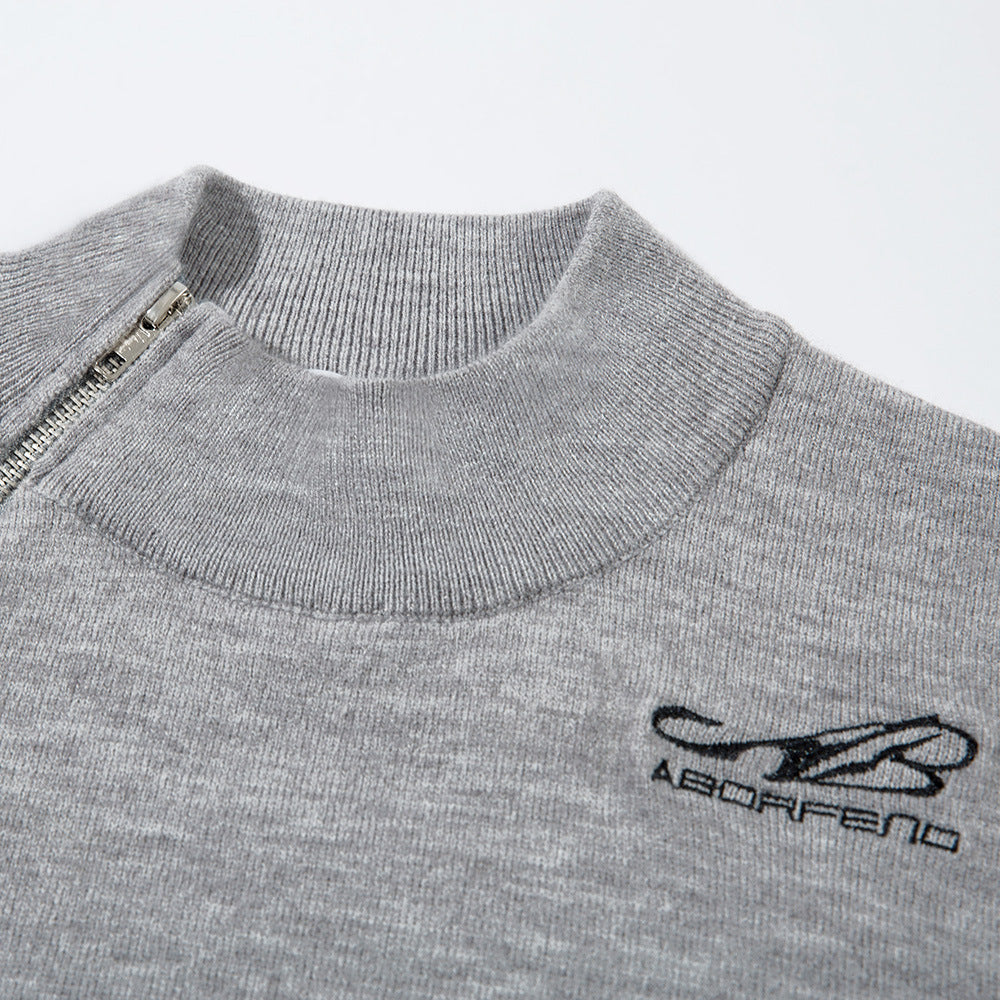 Chic Embroidered Zipper High Neck Sweater Versatile Layering Pullover