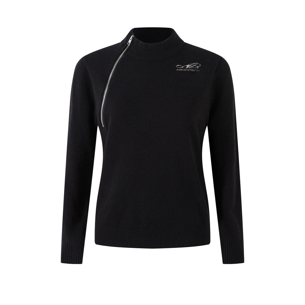 Chic Embroidered Zipper High Neck Sweater Versatile Layering Pullover